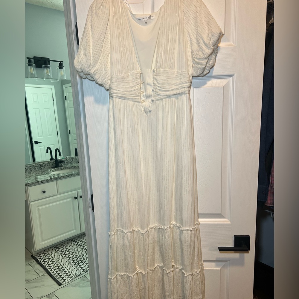 White with gold thick maxi dress Slight slit